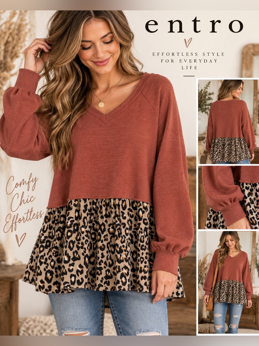 Entro Rust V-Neck Leopard Tiered Top - XL